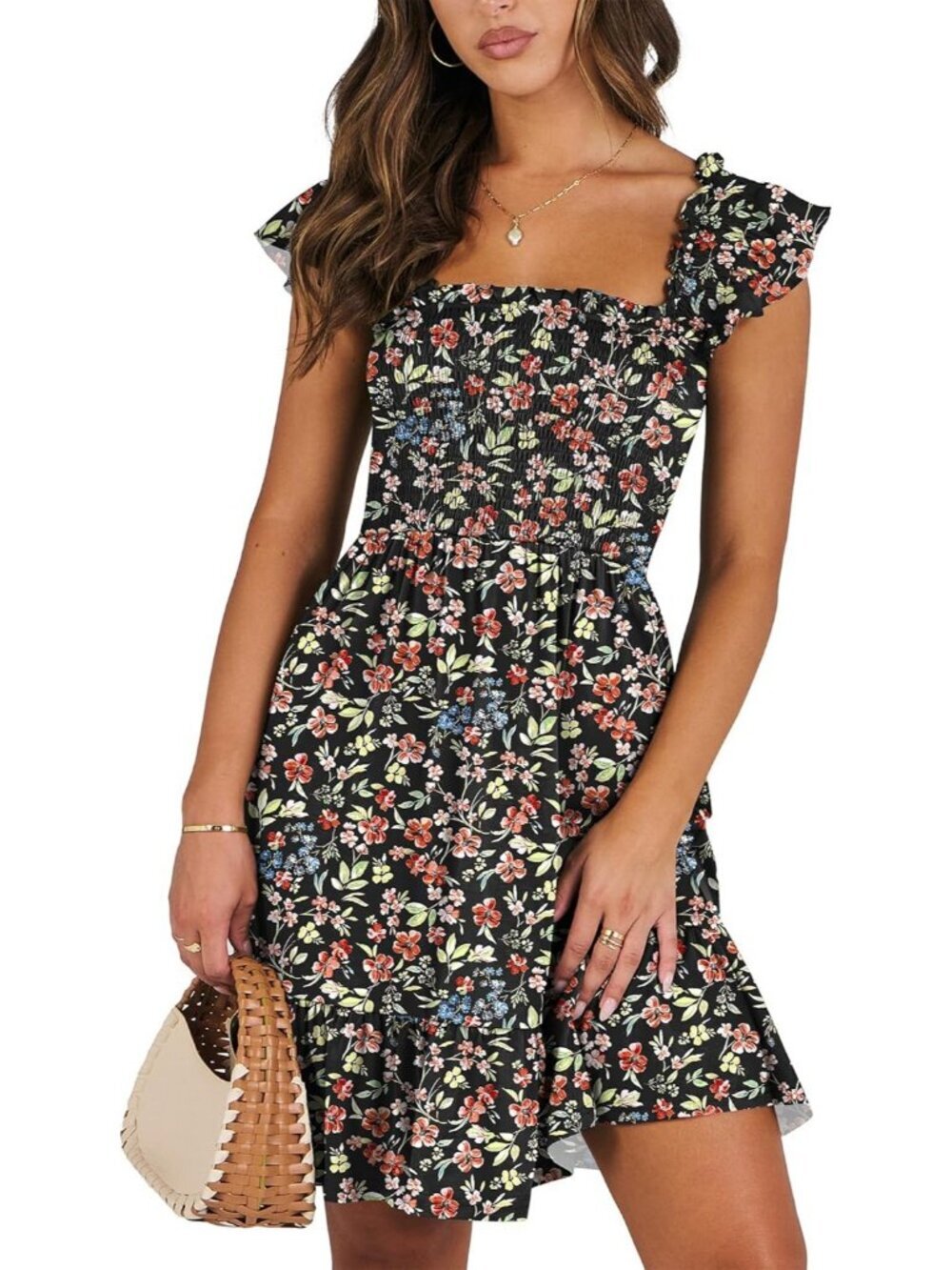 Women's Summer Sleeveless Square Neck Dress Floral Black Smocked Ruffle Backless